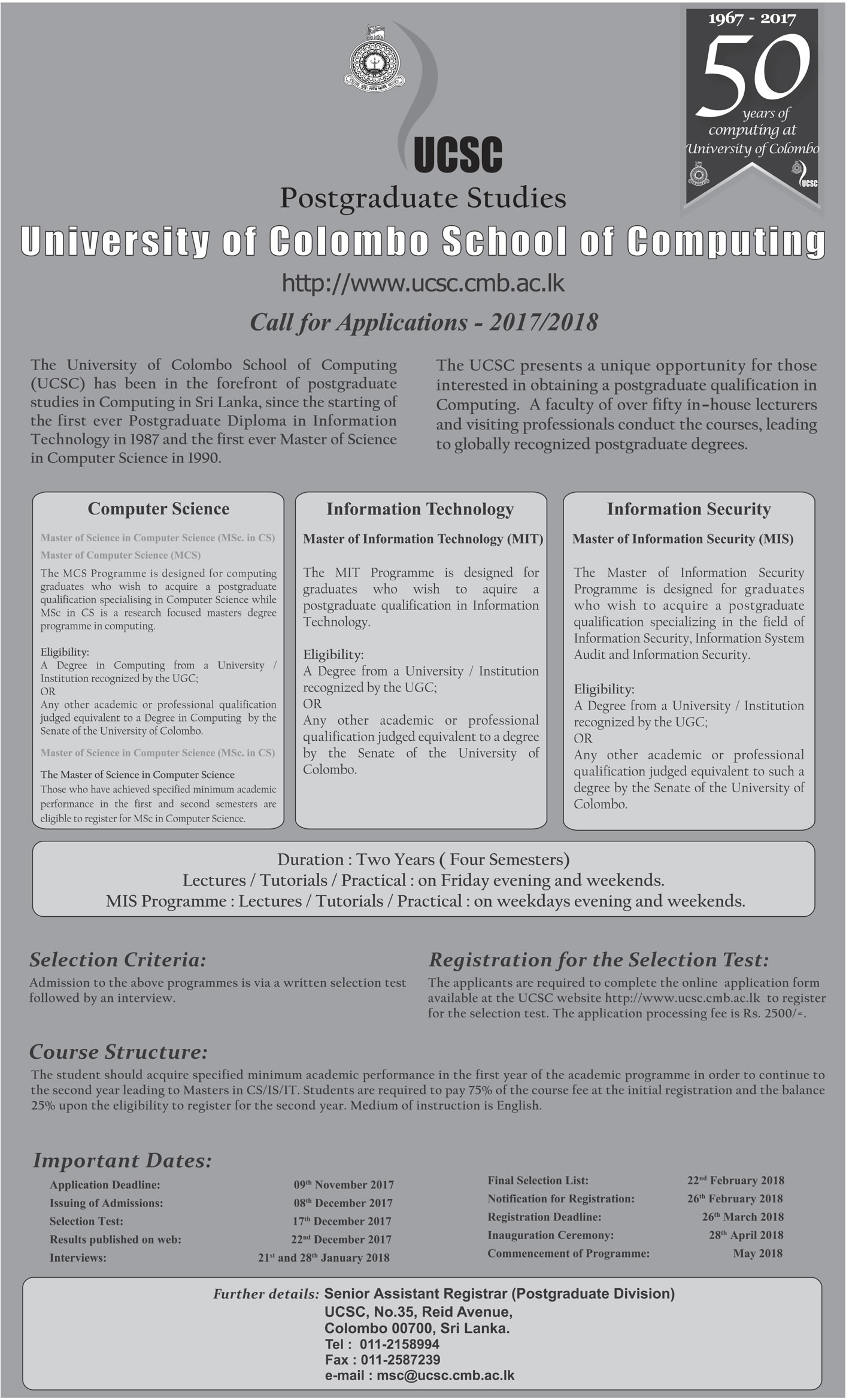 Master of Science in Computer Science, Master of Computer Science, Master of Information Technology, Master of Information Security - University of Colombo School of Computing